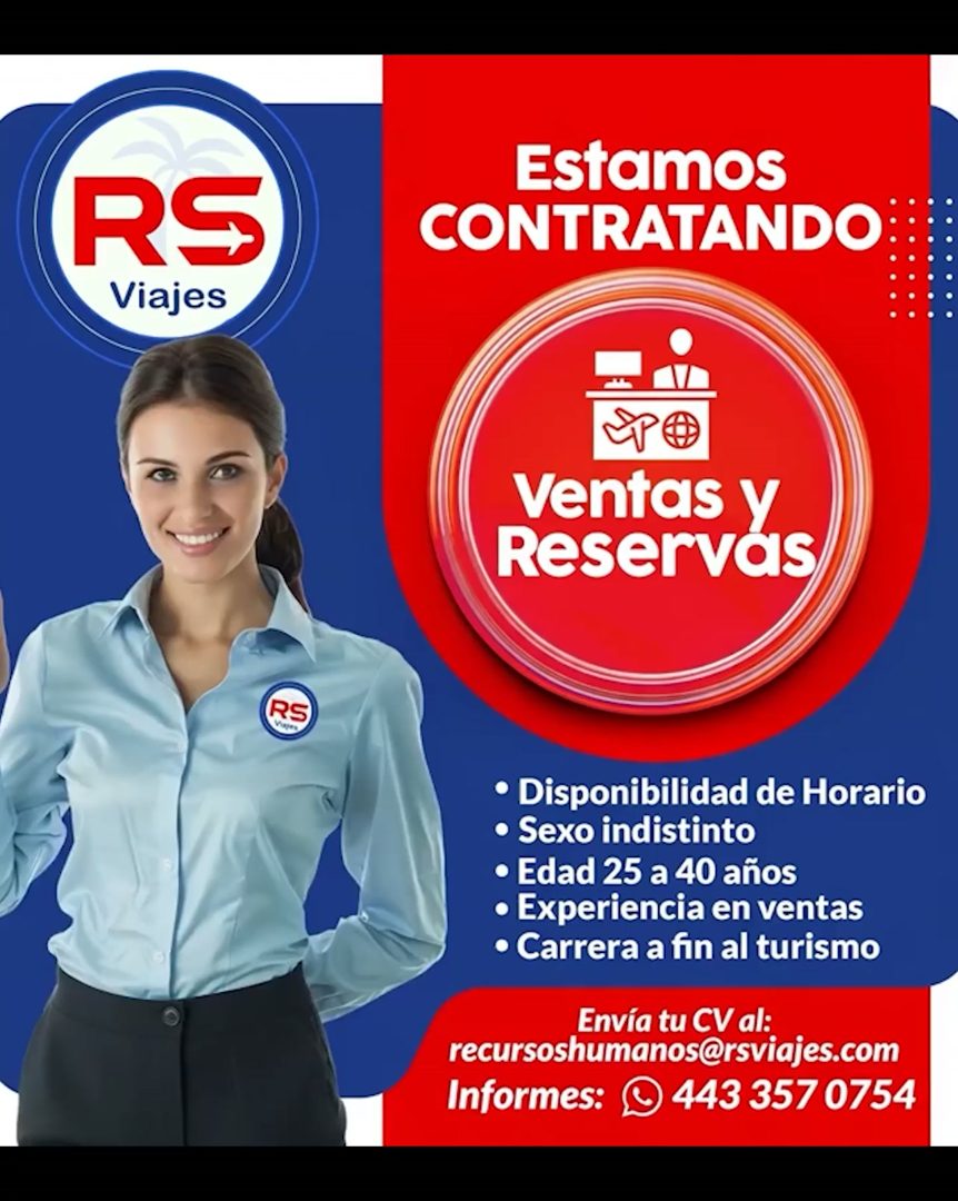 Banner del anuncio de la vacante: RS · Viajes · Estamos · CONTRATANDO · Ventas y · Reservas · • Disponibilidad de Horario · • Sexo indistinto · • Edad 25 a 40 años · • Experi