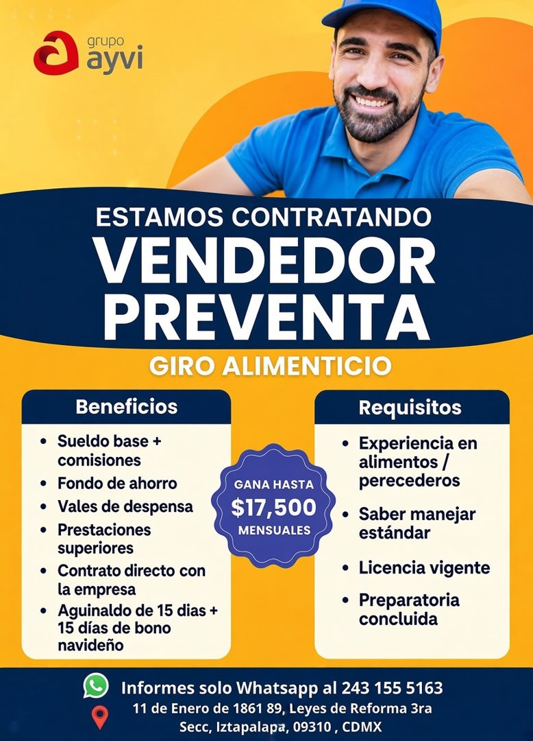 Banner del anuncio de la vacante: grupo · ayvi · ESTAMOS CONTRATANDO · VENDEDOR · PREVENTA · GIRO ALIMENTICIO · Beneficios · • Sueldo base + · comisiones · • Fondo de ahorro 