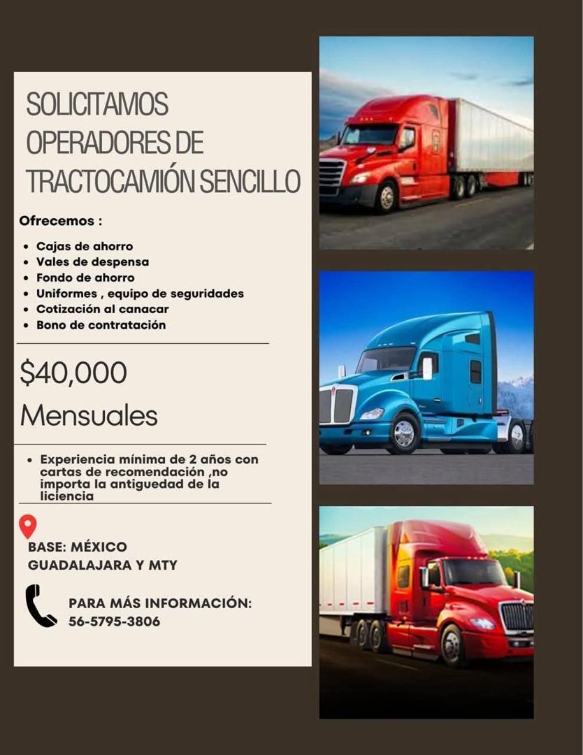 Banner del anuncio de la vacante: SOLICITAMOS · OPERADORES DE · TRACTOCAMIÓN SENCILLO · Ofrecemos : · • Cajas de ahorro · • Vales de despensa · • Fondo de ahorro · • Uniforme