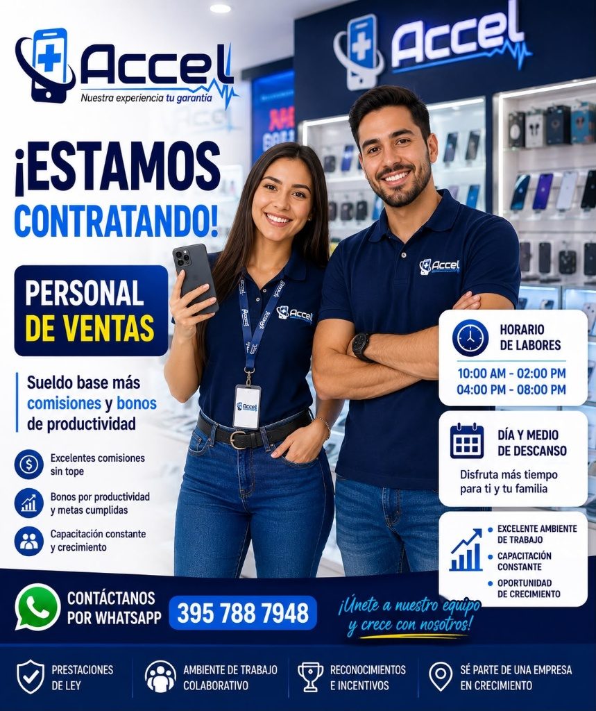 Banner del anuncio de la vacante: Accel · Nuestra experiencia tu garantia · ¡ESTAMOS · CONTRATANDO! · PERSONAL · DE VENTAS · SAccel · Sueldo base más · comisiones y bonos · d