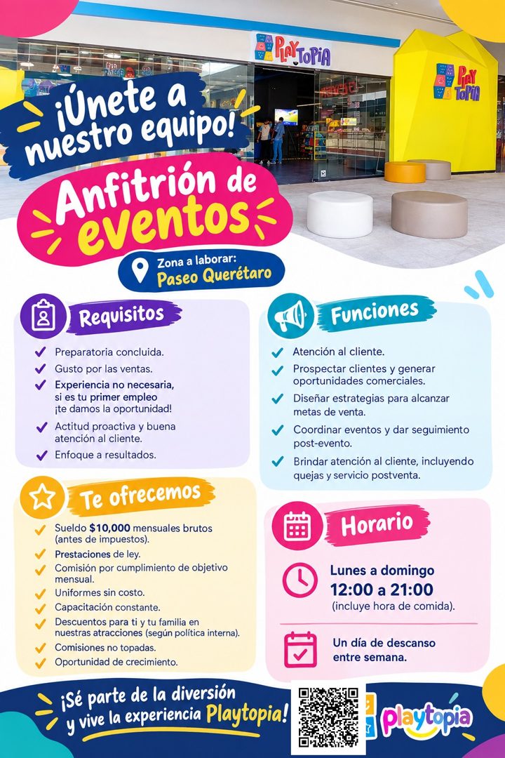 Banner del anuncio de la vacante: PANTOPiA · PeY · TOPiA · al tala · nuestro equipo! · Anfitrión de · eventos: · Zona a laborar: · Paseo Querétaro · Requisitos · Preparatoria