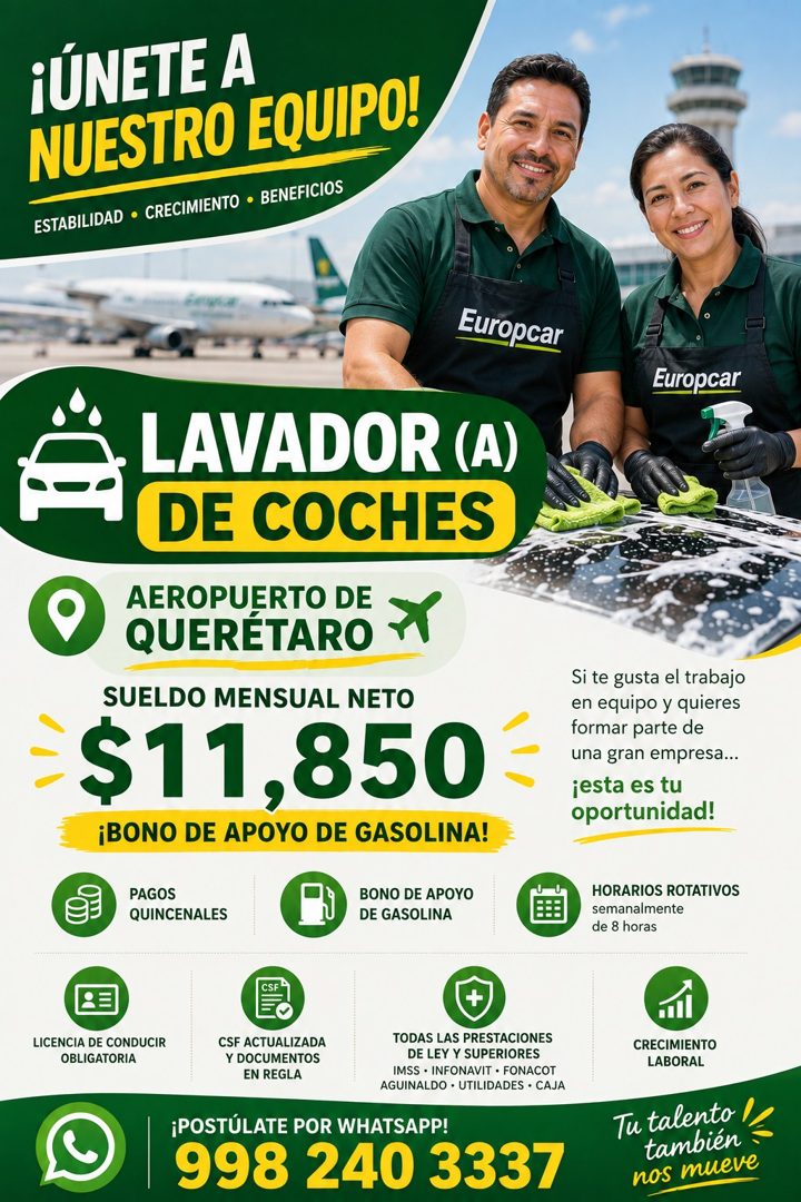 Banner del anuncio de la vacante: ¡ÚNETE A · NUESTRO EQUIPO! · ESTABILIDAD • CRECIMIENTO • BENEFICIOS · Europcar · Europcar · LAVADOR (A) · DE COCHES · AEROPUERTO DE · QUERÉT