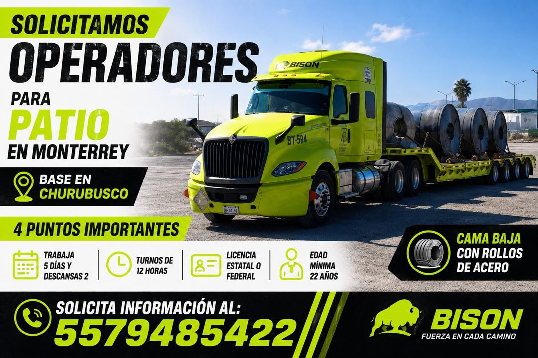 Banner del anuncio de la vacante: SOLICITAMOS · OPERADORES · PARA · PATIO · EN MONTERREY · BASE EN · CHURUBUSCO · 4 PUNTOS IMPORTANTES · TRABAJA · 5 DÍAS Y · DESCANSAS 2 · TU