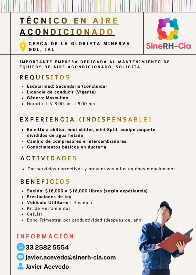 Banner del anuncio de la vacante: TÉCNICO EN AIRE · ACONDICIONADO · CERCA DE LA GLORIETA MINERVA, · GDL, JAL · SineRH-Cia · IMPORTANTE EMPRESA DEDICADA AL MANTENIMIENTO DE · 