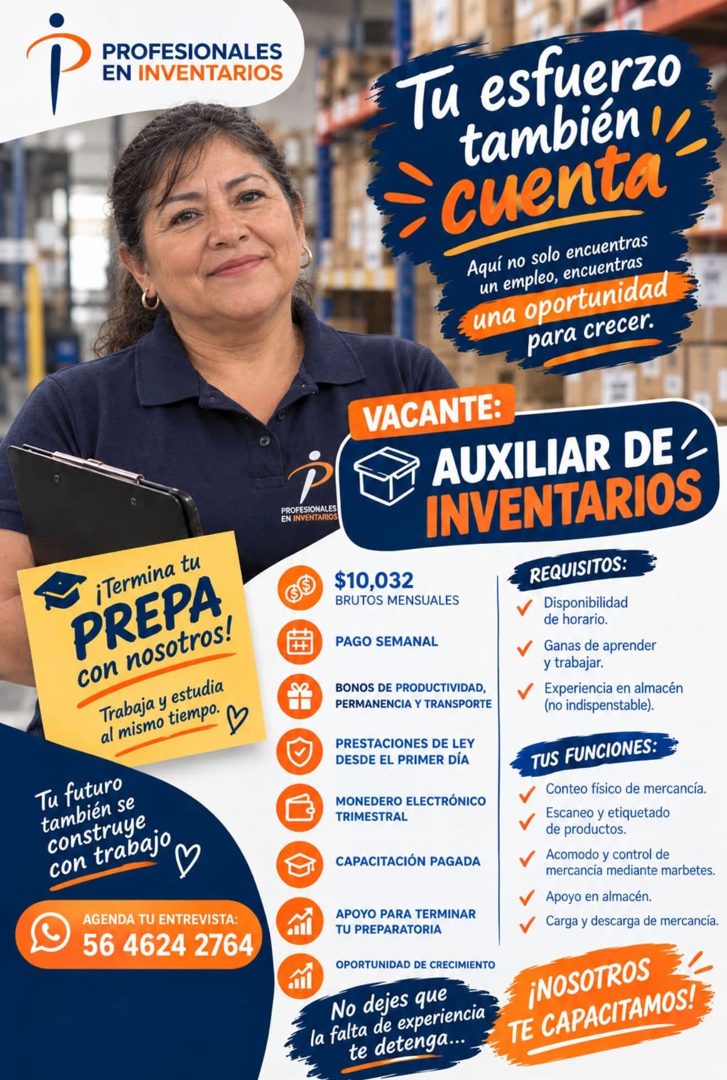 Banner del anuncio de la vacante: P · PROFESIONALES · EN INVENTARIOS · Tu esfuerzo · también · cuenta · Aquí no solo encuentras · un empleo, encuentras · una oportunidad · pa