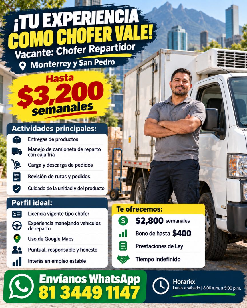 Banner del anuncio de la vacante: ¡TU EXPERIENCIA · COMO CHOFER VALE! · Vacante: Chofer Repartidor · • Monterrey y San Pedro · Hasta · $3,200 · semanales · Actividades princi
