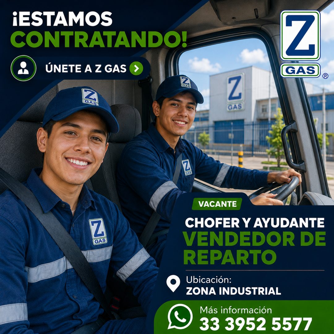 Banner del anuncio de la vacante: ¡ESTAMOS · CONTRATANDO! · ÚNETE A Z GAS · Z · GAS · GASI · Z · GAS · Z · ONG · GAS · VACANTE · CHOFER Y AYUDANTE · VENDEDOR DE · REPARTO · U