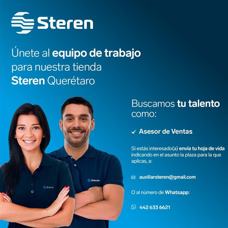 Banner del anuncio de la vacante: Steren · Únete al equipo de trabajo · para nuestra tienda · Steren Querétaro · 5 Steren · Steren · Buscamos tu talento · como: · v Asesor de