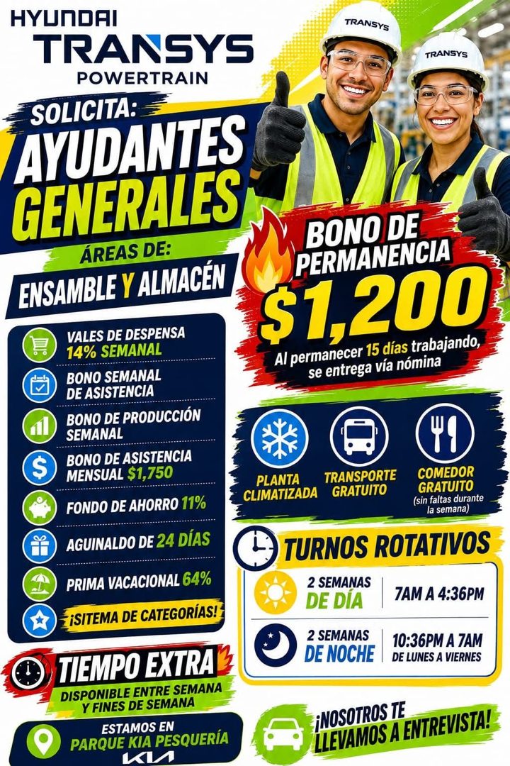 Banner del anuncio de la vacante: HYUNDAI · TRANSYS · POWERTRAIN · SOLICITA: · AYUDANTES · GENERALES · ÁREAS DE: · ENSAMBLE Y ALMACÉN · $ · VALES DE DESPENSA · 14% SEMANAL · 