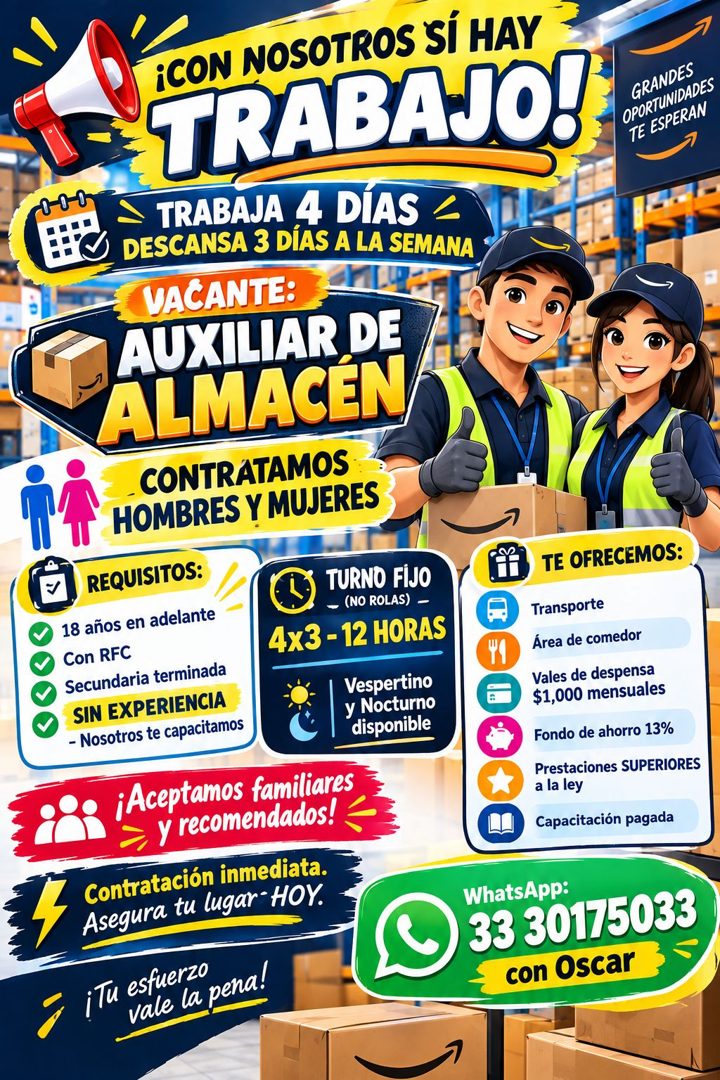 Banner del anuncio de la vacante: ¡CON NOSOTROS SI HAY · TRABAJO!" · GRANDES · OPORTUNIDADES · TE ESPERAN · - TRABAJA 4 DÍAS < · P'C DESCANSA 3 DÍAS A LA SEMANA · VACANTE: · 
