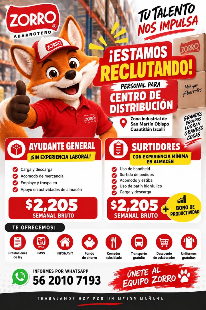 Banner del anuncio de la vacante: ZORRO · ABARROTERO · ZORRO · ZORRO · TUTALENTO · NOS IMPULSA · ¡ESTAMOS · DECLUTANDO! · PERSONAL PARA · CENTRO DE · ZORRO · Más que · Abarro