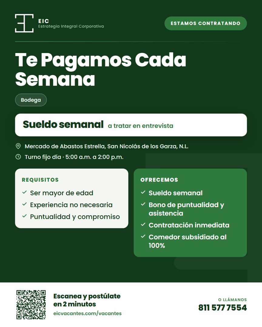 Banner del anuncio de la vacante: ESTAMOS CONTRATANDO · Te Pagamos Cada · Semana · Bodega · Sueldo semanal a tratar en entrevista · • Mercado de Abastos Estrella, San Nicolás