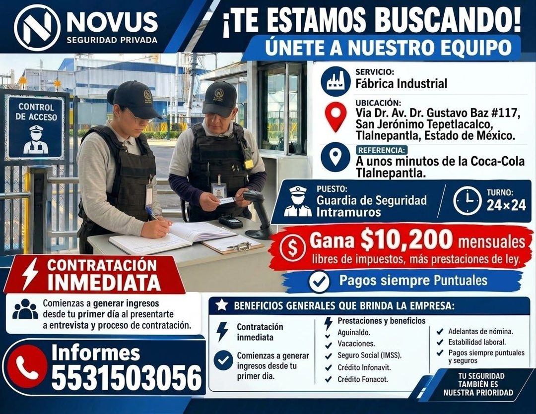 Banner del anuncio de la vacante: NOVUS · SEGURIDAD PRIVADA · CONTROL · DE ACCESO · CONTRATACIÓN · INMEDIATA · Comienzas a generar ingresos · desde tu primer día al presentar