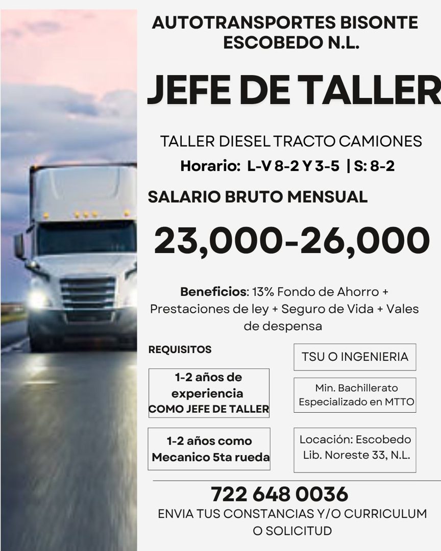 Banner del anuncio de la vacante: AUTOTRANSPORTES BISONTE · ESCOBEDO N.L. · JEFE DE TALLER · TALLER DIESEL TRACTO CAMIONES · Horario: L-V 8-2 Y3-5 S:8-2 · SALARIO BRUTO MENSU