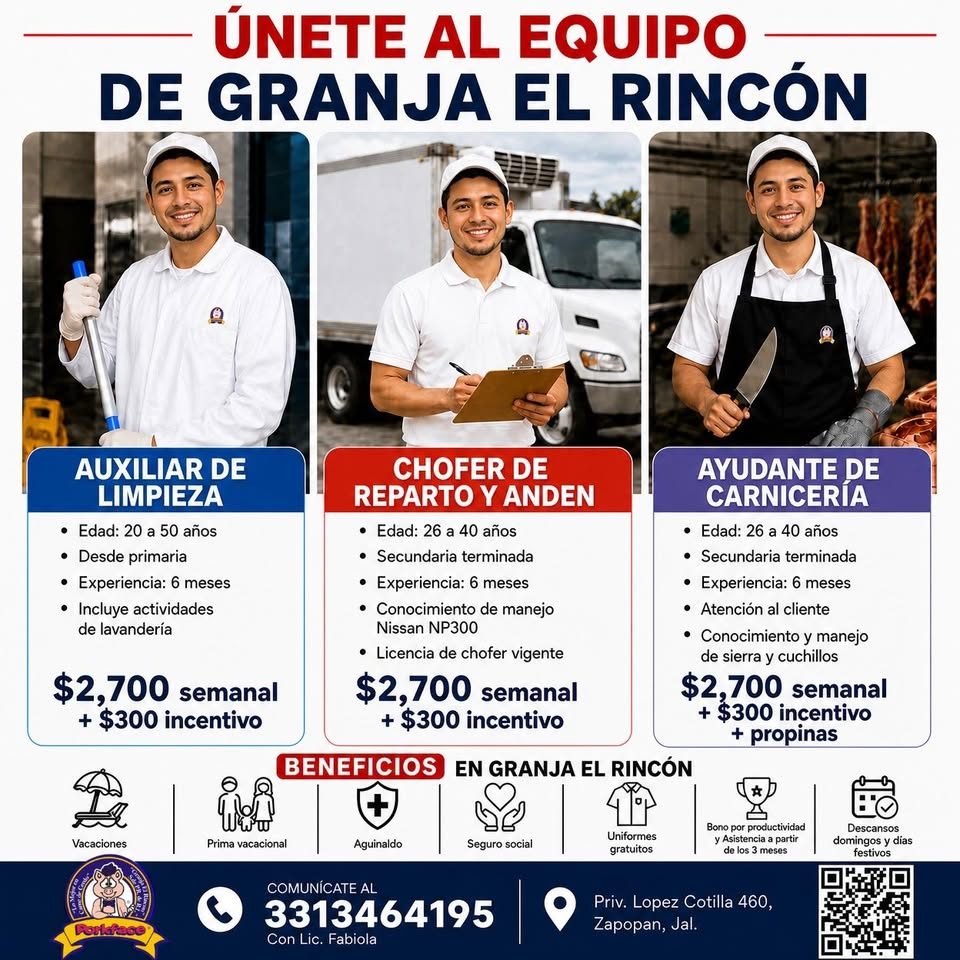 Banner del anuncio de la vacante: ÚNETE AL EQUIPO · DE GRANJA EL RINCÓN · AUXILIAR DE · LIMPIEZA · • Edad: 20 a 50 años · • Desde primaria · • Experiencia: 6 meses · • Incluy