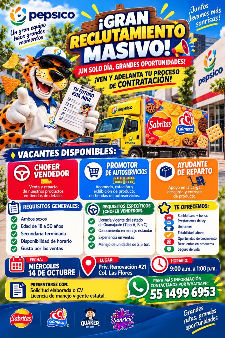 Banner del anuncio de la vacante: pepsico · Un gran equipo · hace grandes · momentos · ¡GRAN · RECLUTAMIENTO · MASIVO! · ¡UN SOLO DÍA, GRANDES OPORTUNIDADES! · ¡VEN Y ADELANT