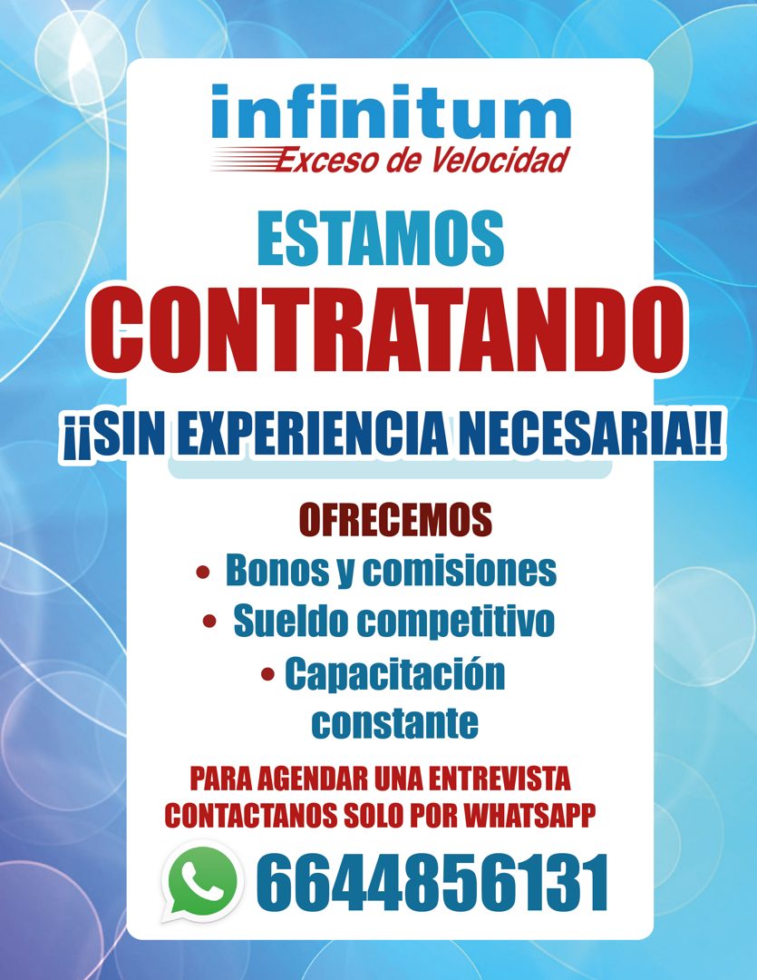 Banner del anuncio de la vacante: infinitum · Exceso de Velocidad · ESTAMOS · CONTRATANDO · #¡SIN EXPERIENCIA NECESARIA!! · OFRECEMOS · • Bonos y comisiones · • Sueldo compet