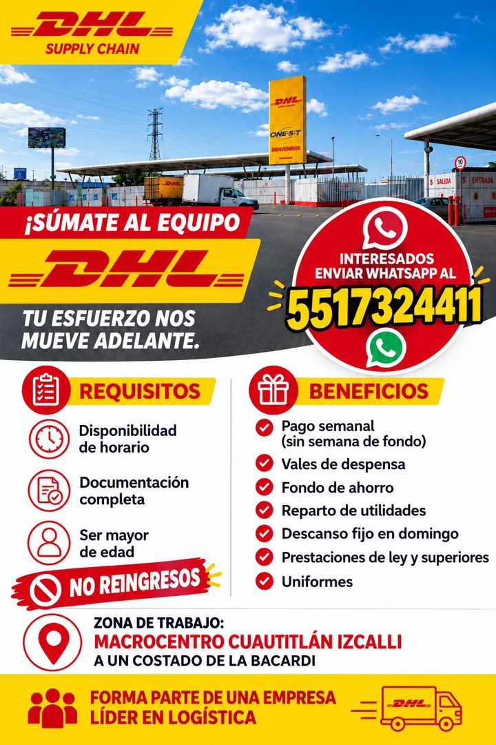 Banner del anuncio de la vacante: SUPPLY CHAIN · ONE-SIT · BIENVENIDOS · SALIDA · IS · ENTRADA · ¡SÚMATE AL EQUIPO · INTERESADOS · ENVIAR WHATSAPP AL · 5517324411 · TU ESFUER