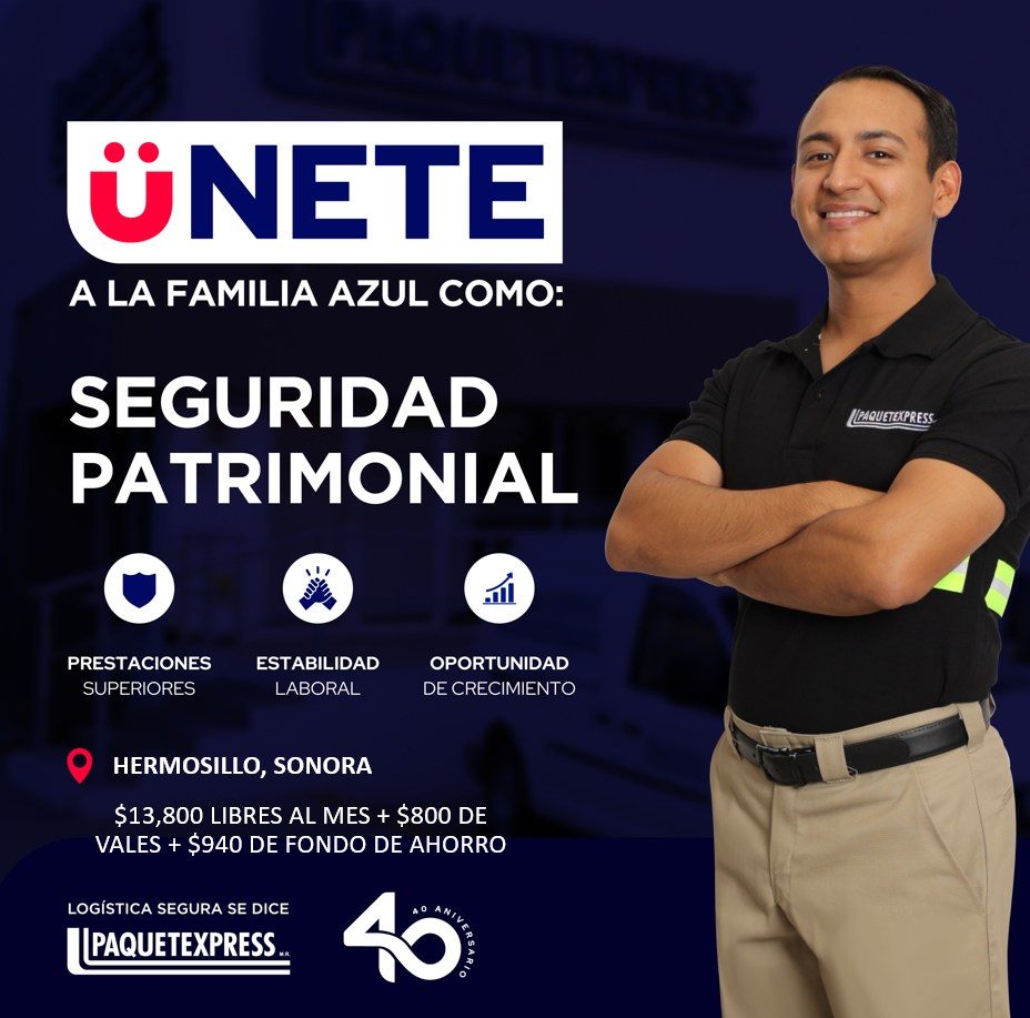 Banner del anuncio de la vacante: ÜNETE · A LA FAMILIA AZUL COMO: · SEGURIDAD · PATRIMONIAL · PRESTACIONES · SUPERIORES · ESTABILIDAD · LABORAL · OPORTUNIDAD · DE CRECIMIENTO