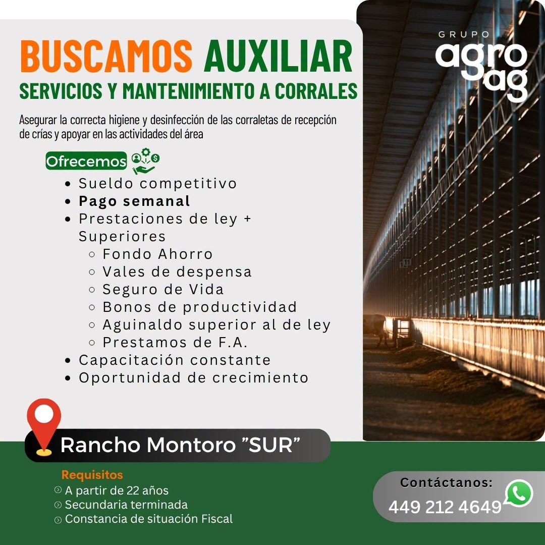 Banner del anuncio de la vacante: BUSCAMOS AUXILIAR · SERVICIOS Y MANTENIMIENTO A CORRALES · Asegurar la correcta higiene y desinfección de las corraletas de recepción · de c