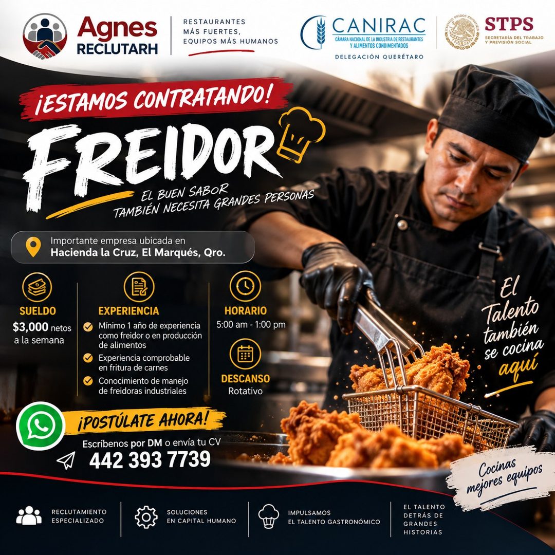 Banner del anuncio de la vacante: Agnes · RECLUTARH · RESTAURANTES · MAS FUERTES, · EQUIPOS MÁS HUMANOS · CANIRAC · CÁMARA NACIONAL DE LA INDUSTRIA DE RESTAURANTES · Y ALIMEN