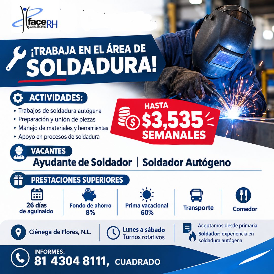 Banner del anuncio de la vacante: faceRH · consultores · ¡TRABAJA EN EL ÁREA DE · SOLDADURA! · ACTIVIDADES: · • Trabajos de soldadura autógena · • Preparación y unión de piez