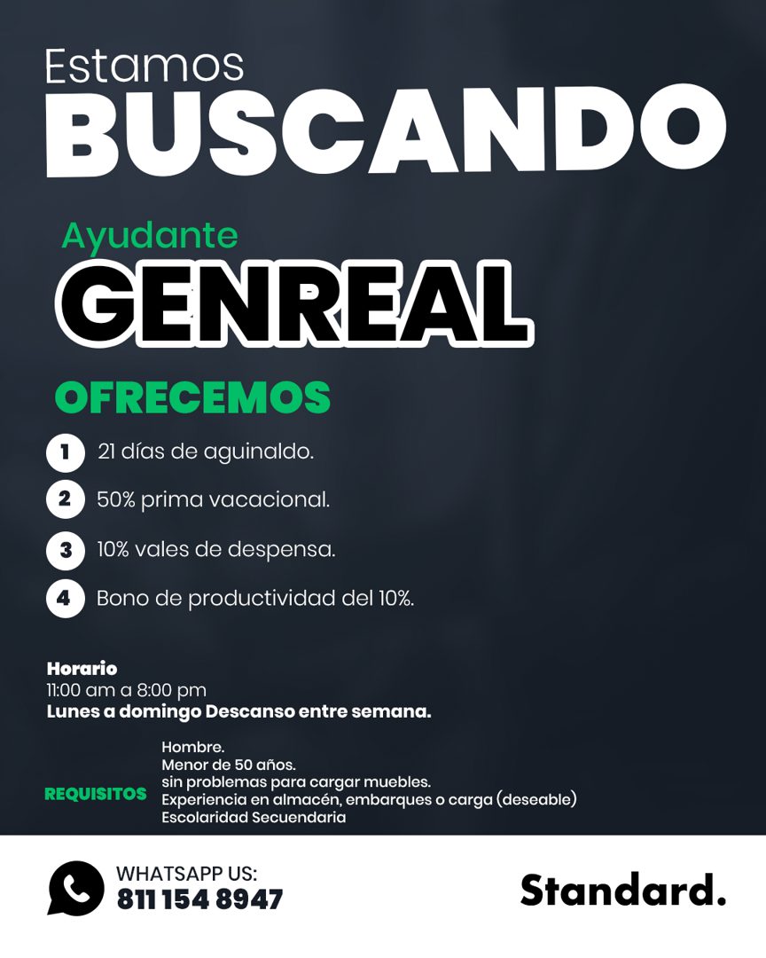 Banner del anuncio de la vacante: Estamos · BUSCANDO · Ayudante · GENREAL · OFRECEMOS · 21 días de aguinaldo. · 50% prima vacacional. · 10% vales de despensa. · Bono de produ