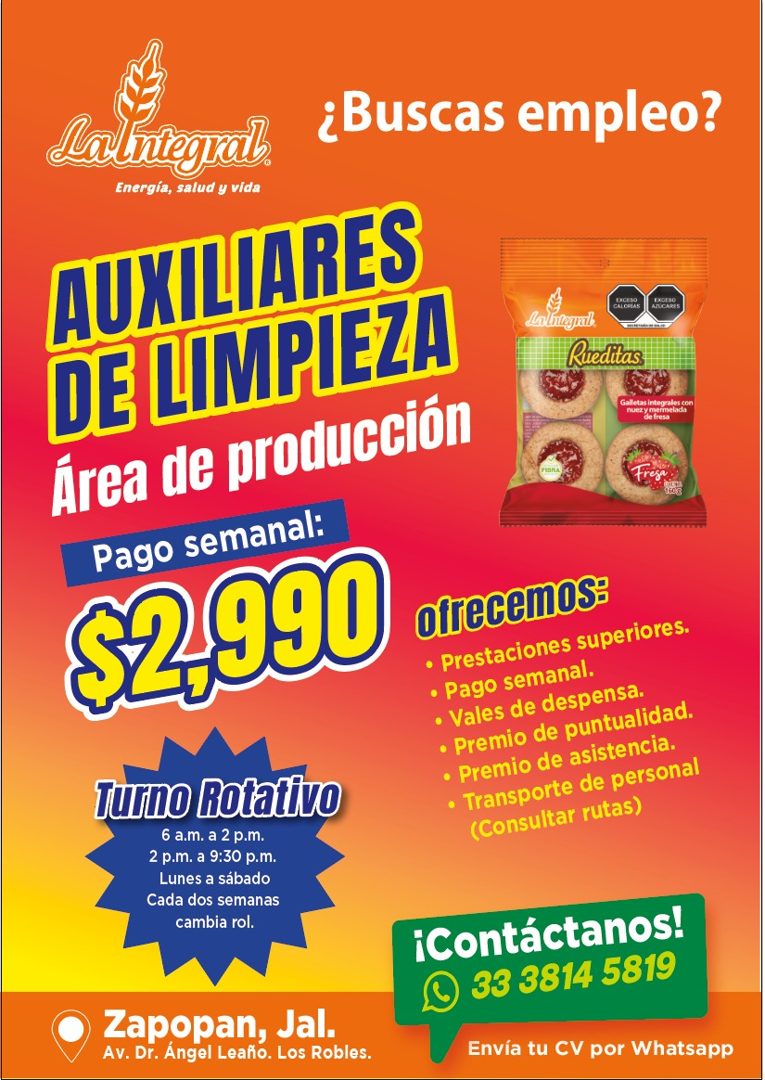 Banner del anuncio de la vacante: Salutegrab · Energía, salud y vida · AUXILIARES · DE LIMPIEZA · Área de producción · Pago semanal: · S2.900 · Turno Rotativo · 6 a.m. a 2 p.