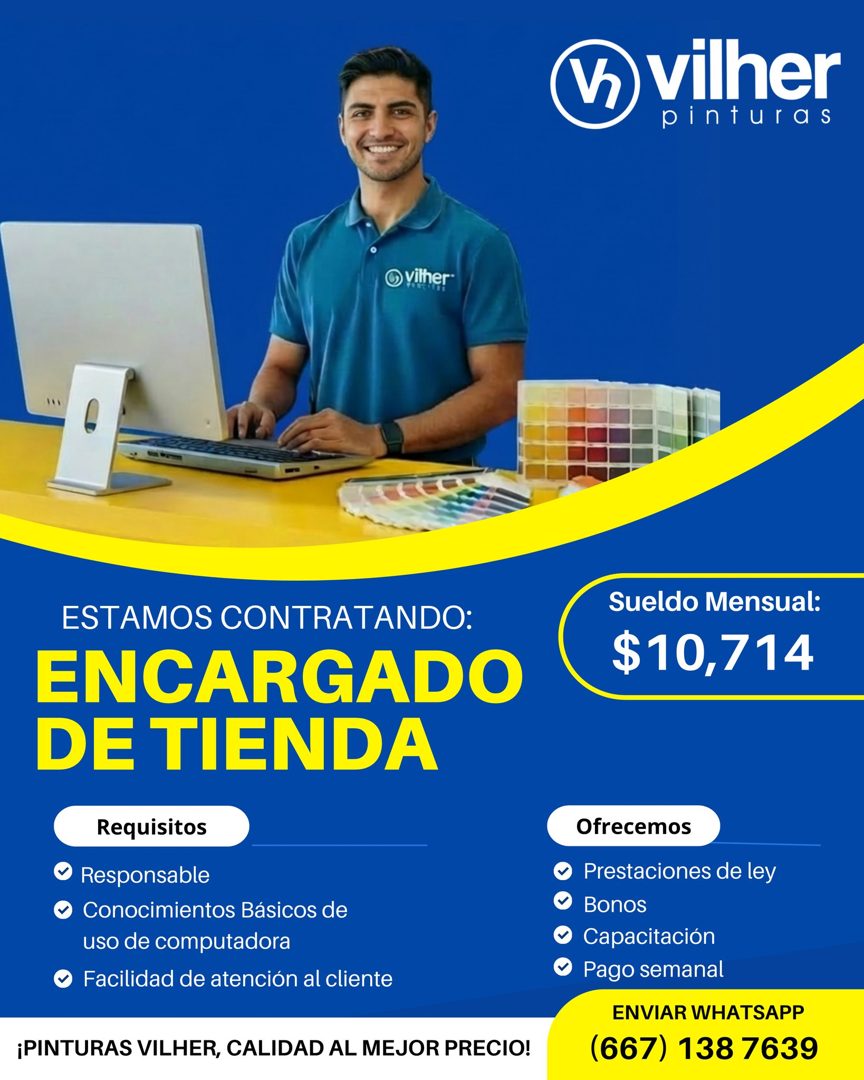 Banner del anuncio de la vacante: V vilher · pinturas · O vilher · ESTAMOS CONTRATANDO: · ENCARGADO · DE TIENDA · Requisitos · Responsable · • Conocimientos Básicos de · uso 
