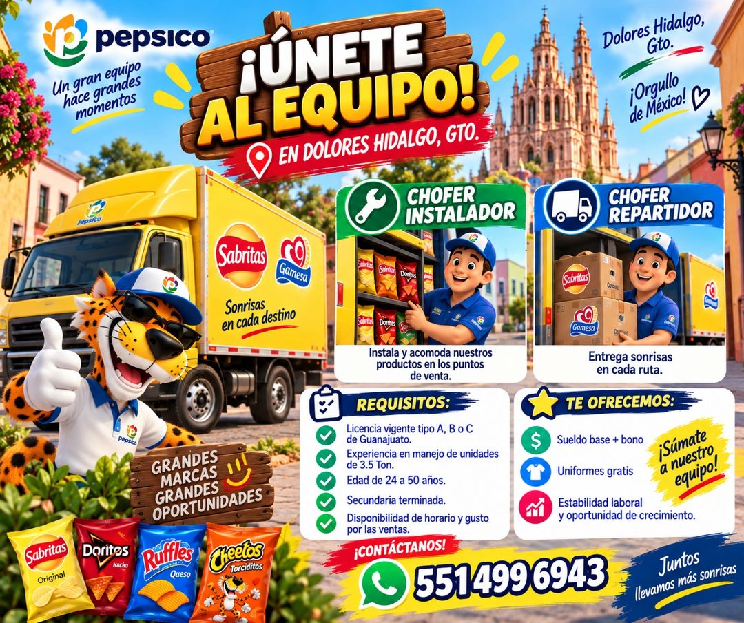 Banner del anuncio de la vacante: , pepsico · Un gran equipo · hace grandes · momentos · Pepix/Co · pepsico · Sabritas · Original · Doritos · Hacho · FÚNETE · AL EQUIPO! · © 