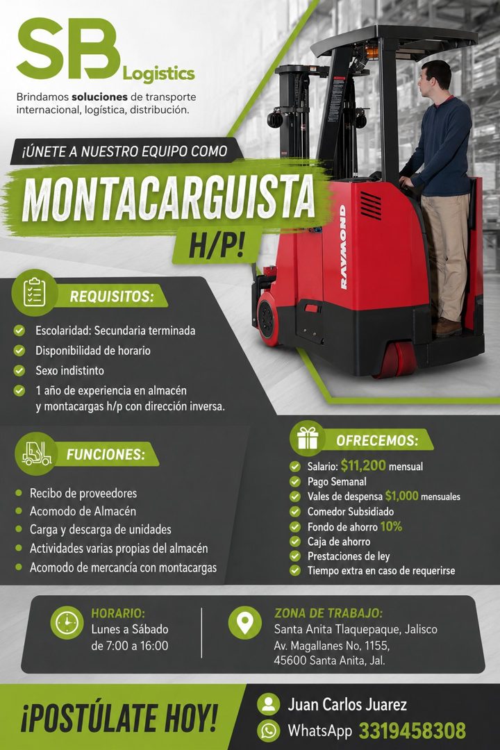 Banner del anuncio de la vacante: SB · Logistics · Brindamos soluciones de transporte · internacional, logística, distribución. · ¡ÚNETE A NUESTRO EQUIPO COMO · MONTACARGUIST