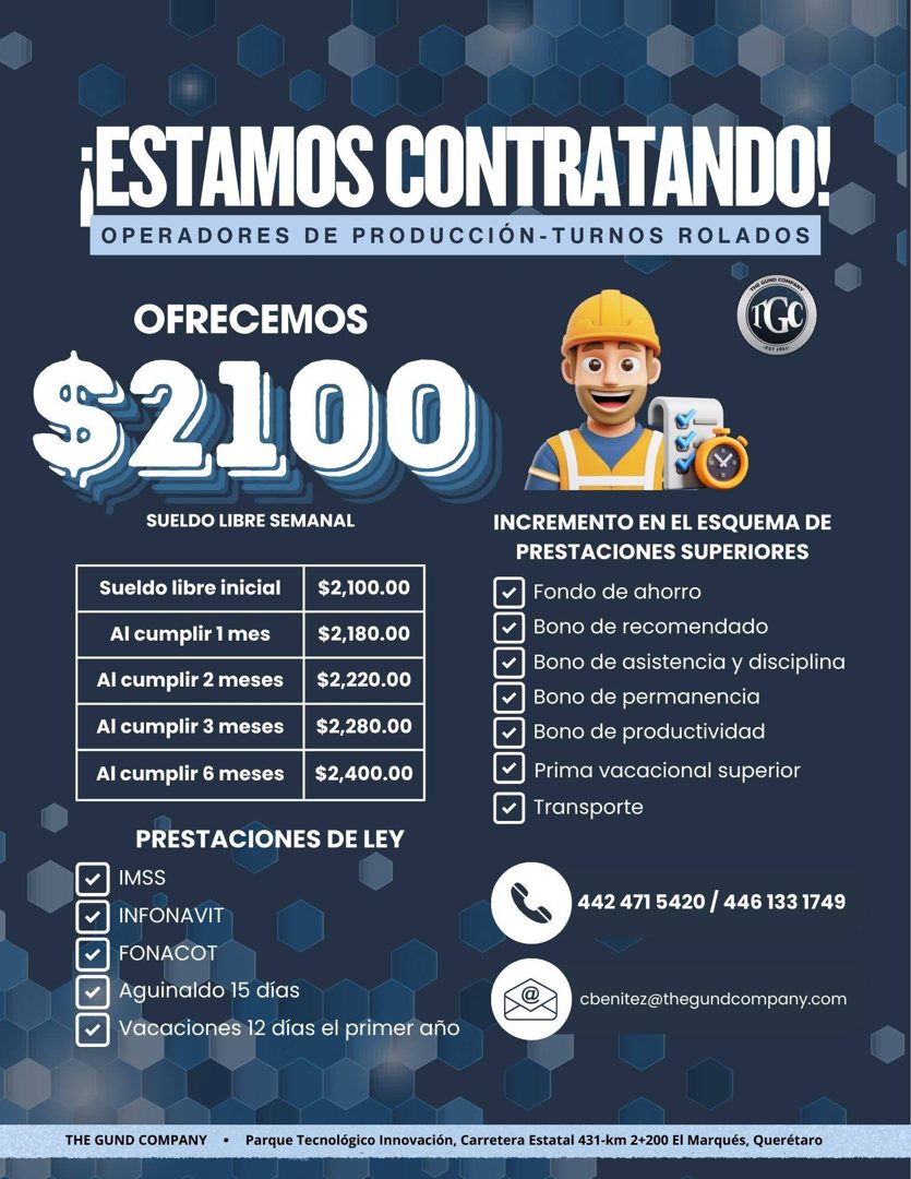 Banner del anuncio de la vacante: ESTAMOS CONTRATANDO! · OPERADORES DE PRODUCCIÓN- TURNOS ROLADOS · THE UND COMPAN · IGC · OFRECEMOS · S2100 · SUELDO LIBRE SEMANAL · Sueldo l
