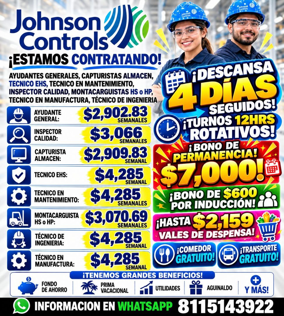 Banner del anuncio de la vacante: Johnson · Controls · Johnson · Johnso · Control · Controls® · ¡ESTAMOS CONTRATANDO! · AYUDANTES GENERALES, CAPTURISTAS ALMACEN, · TECNICO EH