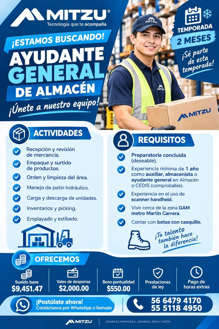 Banner del anuncio de la vacante: AMITZU® · Tecnología que te acompaña · ¡ESTAMOS BUSCANDO! · AYUDANTE · GENERAL · DE ALMACÉN · ¡Únete a nuestro equipo! · MITZU · TEMPORADA ·