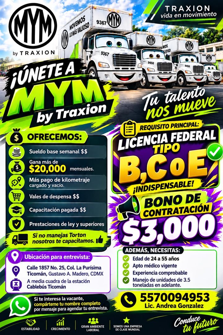 Banner del anuncio de la vacante: TRAXION · vida en movimiento · MYM · MOVEMOS · /LO MÁS VALIOSO · 9367 · by TRAXION · 936* · ¡ÚNETE A · MYM: · by Traxion · OFRECEMOS: · Suel