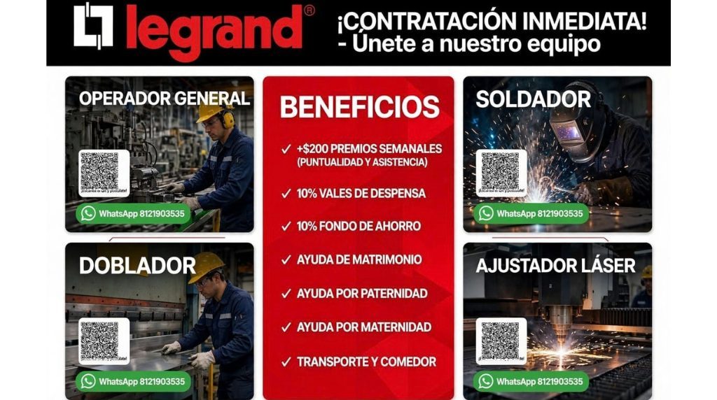 Banner del anuncio de la vacante: L7 legrand® · OPERADOR GENERAL · ¡CONTRATACIÓN INMEDIATA! · - Únete a nuestro equipo · WhatsApp 8121903535 · DOBLADOR · BENEFICIOS · V · +$2