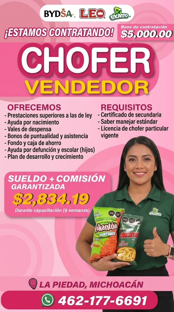 Banner del anuncio de la vacante: BYDSA. LEO · ¡ESTAMOS CONTRATANDO! · Bono de contratación · $5,000.00 · CHOFER · VENDEDOR · OFRECEMOS · REQUISITOS · - Prestaciones superior