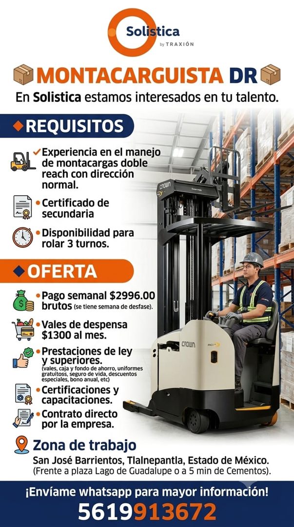 Banner del anuncio de la vacante: Solistica · by TRA XIÓN · MONTACARGUISTA DR · En Solistica estamos interesados en tu talento. · REQUISITOS · v Experiencia en el manejo · de
