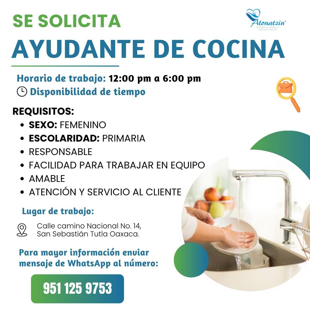 Banner del anuncio de la vacante: SE SOLICITA · Atonatain" · AYUDANTE DE COCINA · Horario de trabajo: 12:00 pm a 6:00 pm · • Disponibilidad de tiempo · REQUISITOS: · • SEXO: 