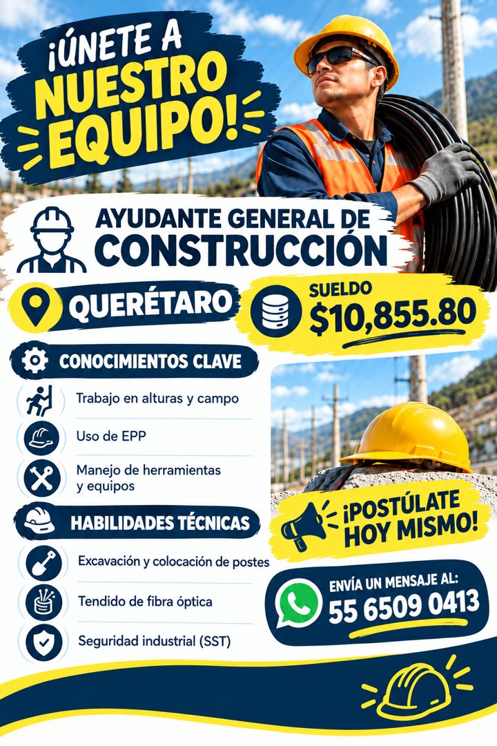 Banner del anuncio de la vacante: ÚNETE A · NUESTRO · ≥ EQUIPO!= · AYUDANTE GENERAL DE · CONSTRUCCION · QUERÉTARO · SUELDO · $10,855.80 · CONOCIMIENTOS CLAVE · Trabajo en alt