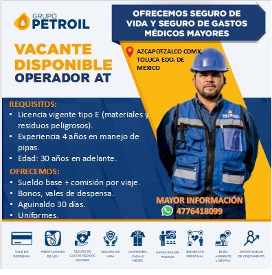 Banner del anuncio de la vacante: RUPO · PETROIL · VACANTE · DISPONIBLE · OPERADOR AT · REQUISITOS: · • Licencia vigente tipo E (materiales y · residuos peligrosos). · • Expe