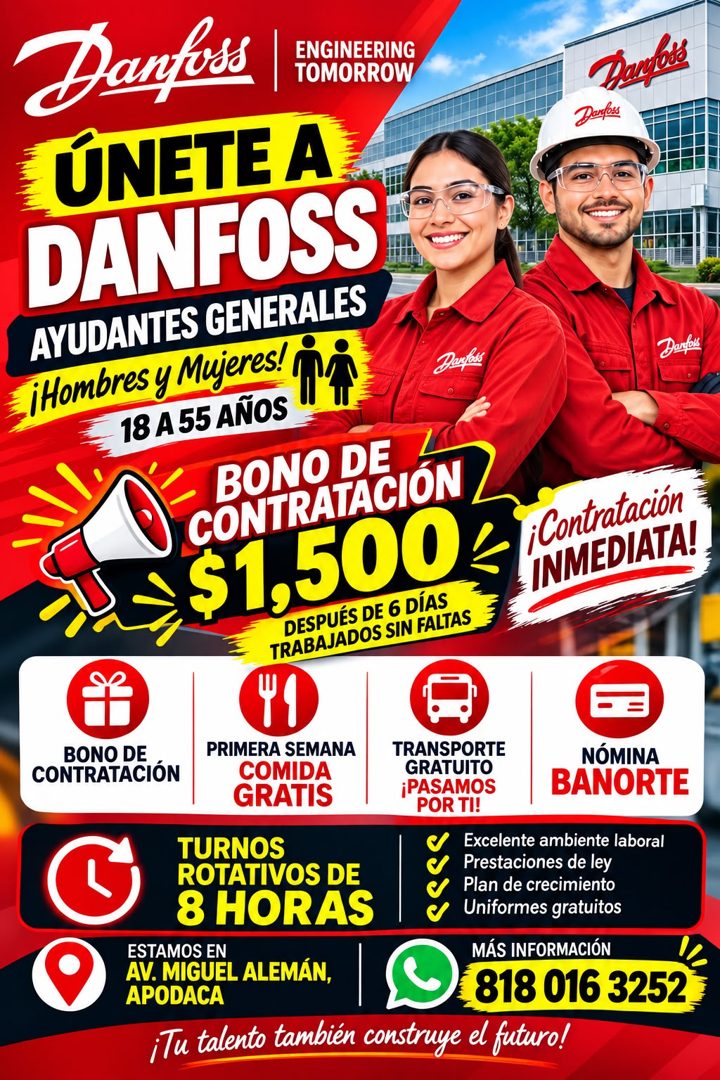 Banner del anuncio de la vacante: Danfoss · ENGINEERING · TOMORROW · Darloss · Denloss · ÚNETE A · DANFOSS · AYUDANTES GENERALES · ¡Hombres y Mujeres! · 17 · Despers · Denfos