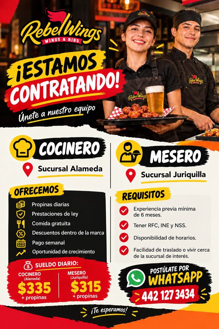 Banner del anuncio de la vacante: Rebel Wings · WINGS & RIBS · ¡ESTAMOS · CONTRATANDO! · Únete a nuestro equipo · Reeling · RebelVings · COCINERO · Sucursal Alameda · OFRECEM