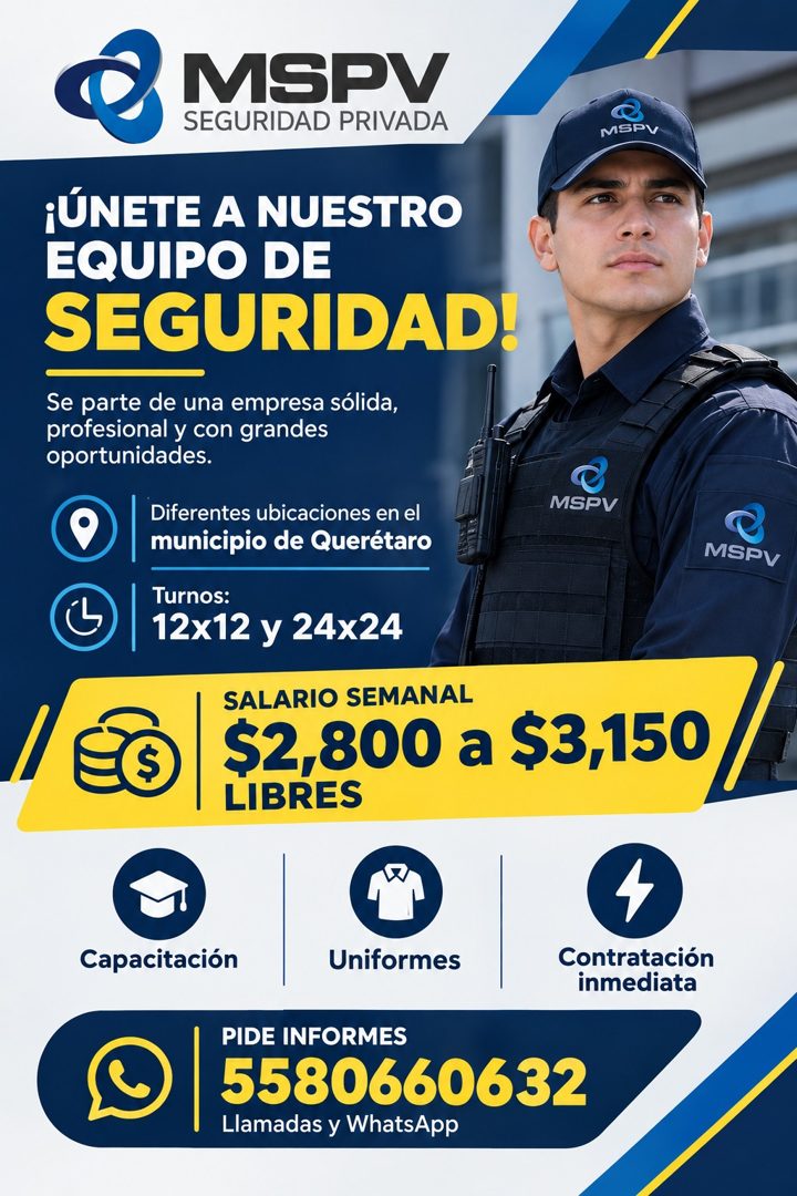 Banner del anuncio de la vacante: MSPV · SEGURIDAD PRIVADA · MSPV · ¡ÚNETE A NUESTRO · EQUIPO DE · SEGURIDAD! · Se parte de una empresa sólida, · profesional y con grandes · 