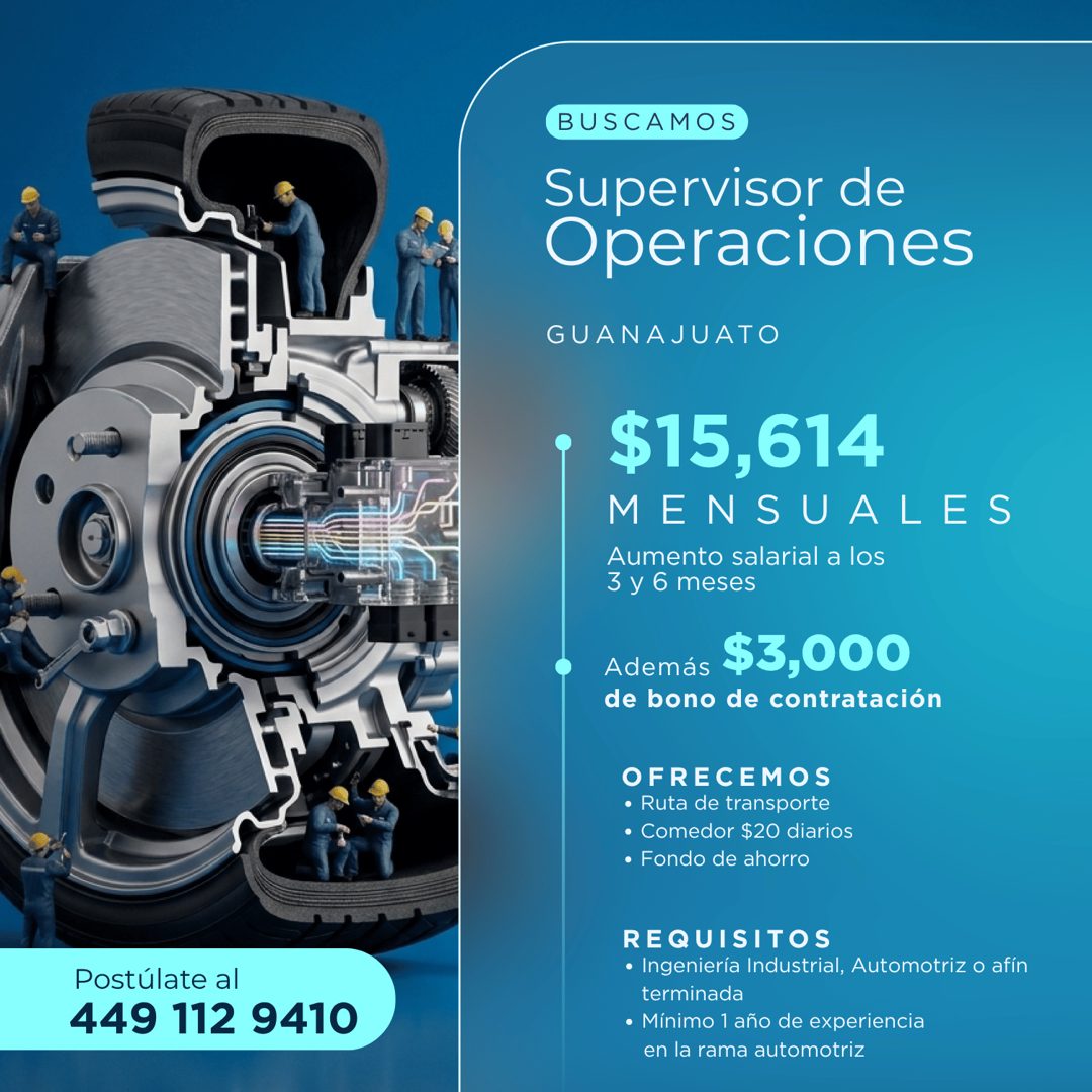 Banner del anuncio de la vacante: BUSCAMOS · Supervisor de · Operaciones · GUANAJUATO · $15,614 · MENSUALES · Aumento salarial a los · 3 y 6 meses · Además · $3,000 · de bono