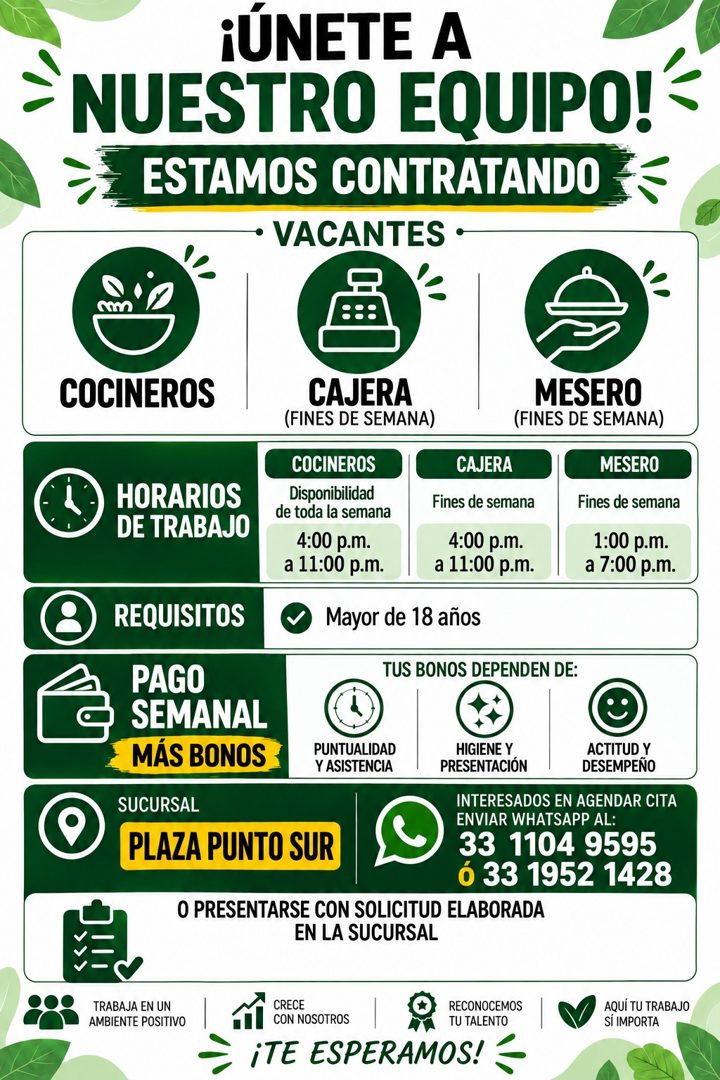 Banner del anuncio de la vacante: ¡ÚNETE A · NUESTRO EQUIPO! · ESTAMOS CONTRATANDO · • VACANTES • · COCINEROS · HORARIOS · DE TRABAJO · CAJERA · (FINES DE SEMANA) · COCINEROS