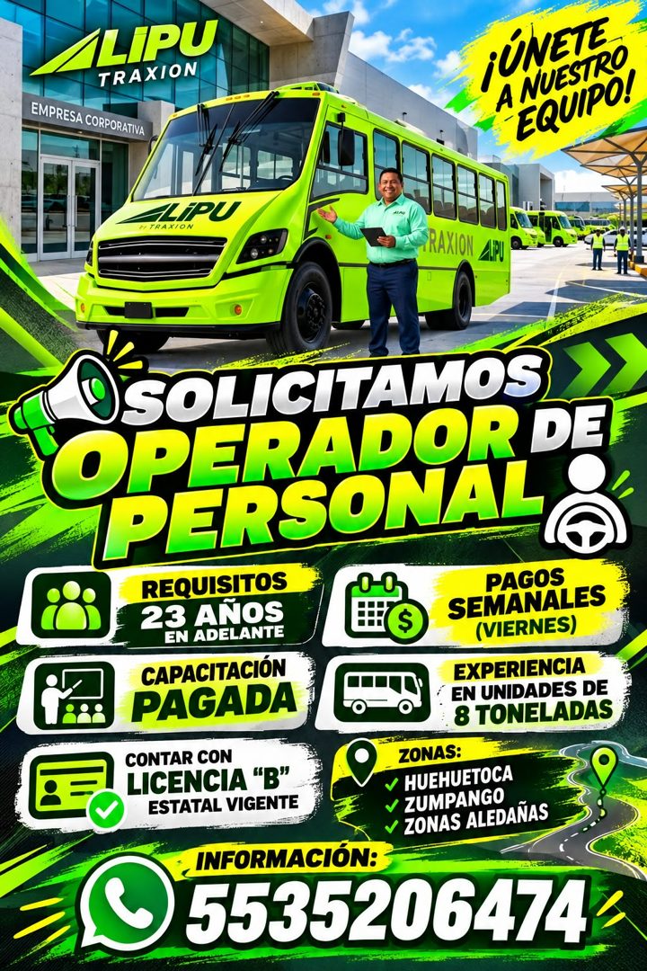 Banner del anuncio de la vacante: LIPU · TRAXION · EMPRESA CORPORATIVA · A NUESTRO · EQUIPO! · LIPU · #I TRAXION · PRAXION · SOLICITAMOS · OPERADOR DE · PERSONAL · REQUISITOS