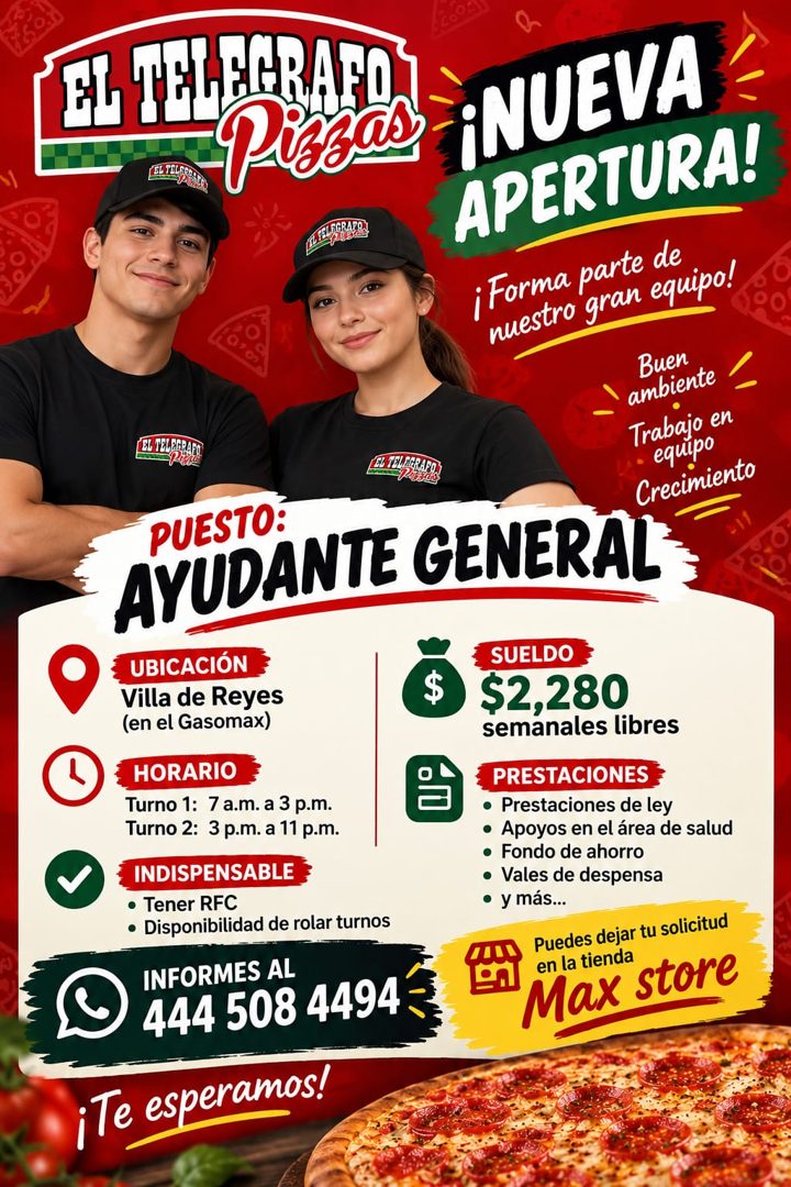 Banner del anuncio de la vacante: EL TELARAND · Pizzas · ¡NUEVA · APERTURA! · ¡Forma parte de · nuestro gran equipo! · Buen · ambiente · Trabajo en · EL TEMARRARO · equipo · 