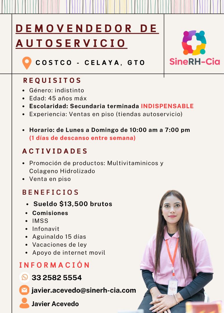 Banner del anuncio de la vacante: DEMOVENDEDOR DE · AUTOSERVICIO · COSTCO - CELAYA, GTO · REQUISITOS · • Género: indistinto · • Edad: 45 años máx · • Escolaridad: Secundaria 