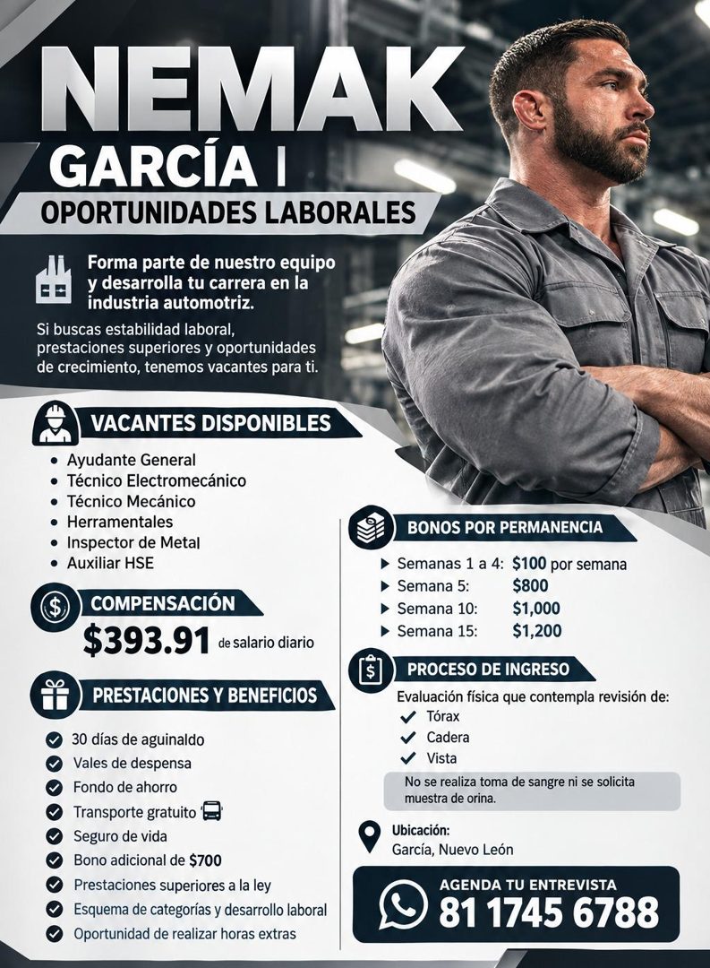 Banner del anuncio de la vacante: NEMAK · GARCIA I · OPORTUNIDADES LABORALES · Forma parte de nuestro equipo · y desarrolla tu carrera en la · industria automotriz. · Si busc